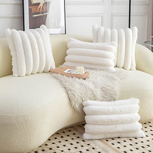 Cream White Faux Fur Striped Throw Pillow Covers