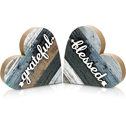 Jetec 2 Pcs Rustic Wood Home Sign Farmhouse Love Wooden Heart Shaped Table Centerpiece Valentines Day Decoration for Home Kitchen Living Room Dining Room Table Decoration (Grateful Style)