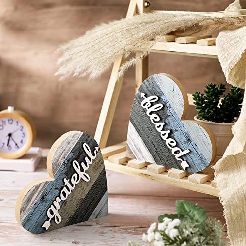 Jetec 2 Pcs Rustic Wood Home Sign Farmhouse Love Wooden Heart Shaped Table Centerpiece Valentines Day Decoration for Home Kitchen Living Room Dining Room Table Decoration (Grateful Style)