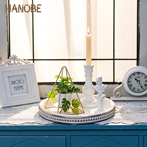 Hanobe Decorative Serving Tray Wood: White Washed Bead Round Tray Decor for Coffee Table Rustic Wooden Trays Farmhouse Centerpiece for Living Room Kitchen Counter