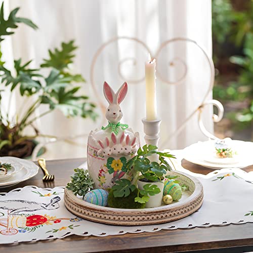 Hanobe Decorative Serving Tray Wood: White Washed Bead Round Tray Decor for Coffee Table Rustic Wooden Trays Farmhouse Centerpiece for Living Room Kitchen Counter