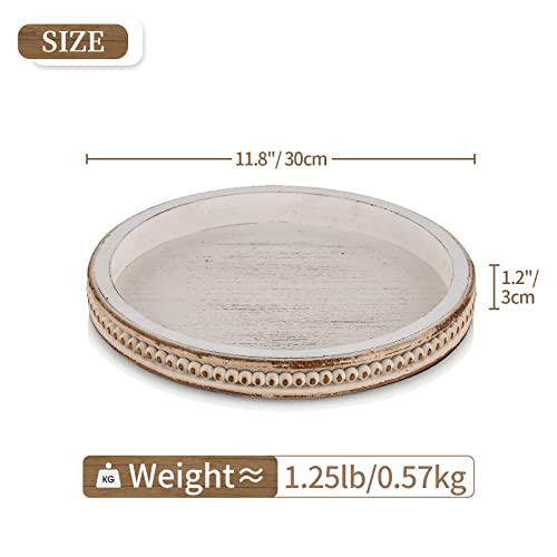 Hanobe Decorative Serving Tray Wood: White Washed Bead Round Tray Decor for Coffee Table Rustic Wooden Trays Farmhouse Centerpiece for Living Room Kitchen Counter