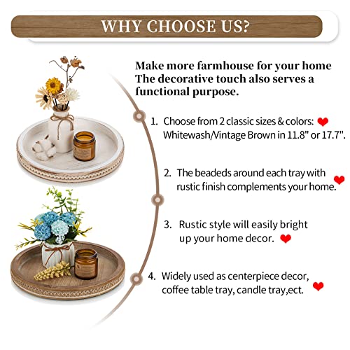 Hanobe Decorative Serving Tray Wood: White Washed Bead Round Tray Decor for Coffee Table Rustic Wooden Trays Farmhouse Centerpiece for Living Room Kitchen Counter