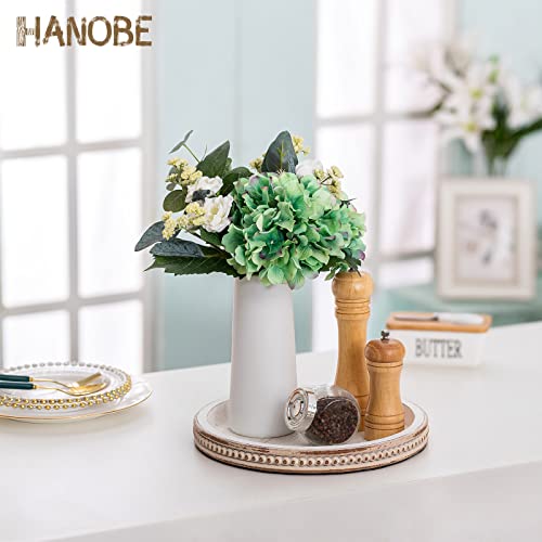 Hanobe Decorative Serving Tray Wood: White Washed Bead Round Tray Decor for Coffee Table Rustic Wooden Trays Farmhouse Centerpiece for Living Room Kitchen Counter