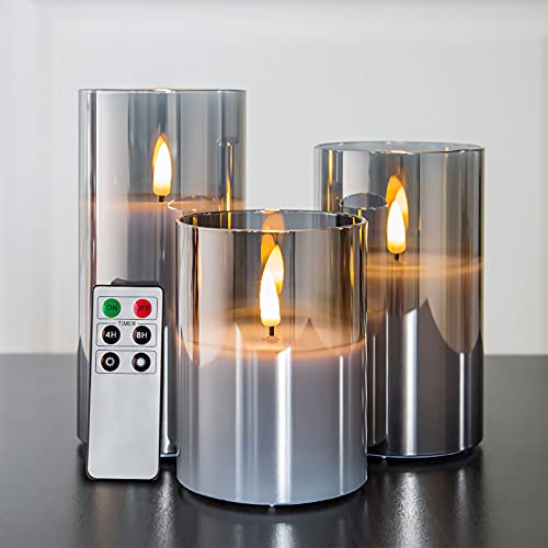 Eywamage Silver Grey Glass Flameless Candles with Remote, Battery Operated Flickering LED Pillar Candles Set of 3