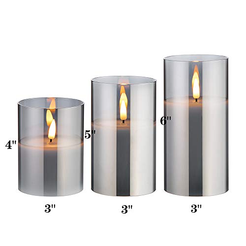 Eywamage Silver Grey Glass Flameless Candles with Remote, Battery Operated Flickering LED Pillar Candles Set of 3