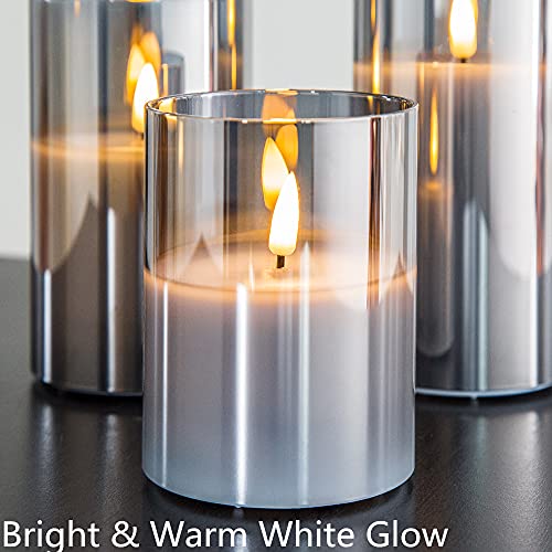 Eywamage Silver Grey Glass Flameless Candles with Remote, Battery Operated Flickering LED Pillar Candles Set of 3