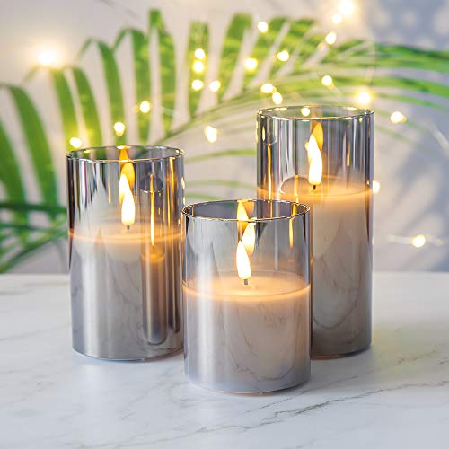 Eywamage Silver Grey Glass Flameless Candles with Remote, Battery Operated Flickering LED Pillar Candles Set of 3