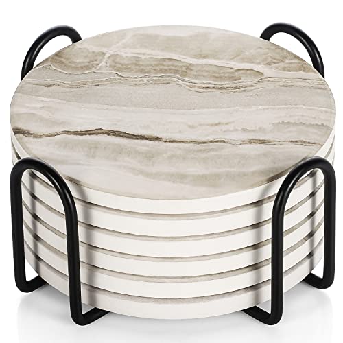 LIFVER Coasters Set of 6, Coasters for Drinks Absorbent Stone with Holder, Black Marble Style Ceramic Drink Coaster for Tabletop Protection, Coffee Table Decor Ideal for Home Decor House Warming Gifts