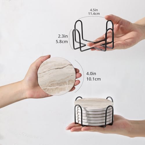 LIFVER Coasters Set of 6, Coasters for Drinks Absorbent Stone with Holder, Black Marble Style Ceramic Drink Coaster for Tabletop Protection, Coffee Table Decor Ideal for Home Decor House Warming Gifts