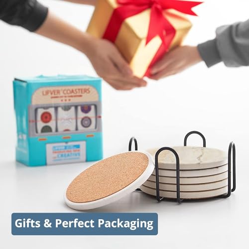 LIFVER Coasters Set of 6, Coasters for Drinks Absorbent Stone with Holder, Black Marble Style Ceramic Drink Coaster for Tabletop Protection, Coffee Table Decor Ideal for Home Decor House Warming Gifts