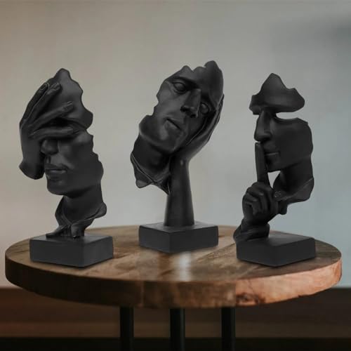 aboxoo 3 Pcs Thinker Statue, Silence is Gold Abstract Art Figurine, No Hear No See No Speak Modern Home Resin Sculptures Decorative Objects Modern Decor for Creative Room Home, Office Study (Black)