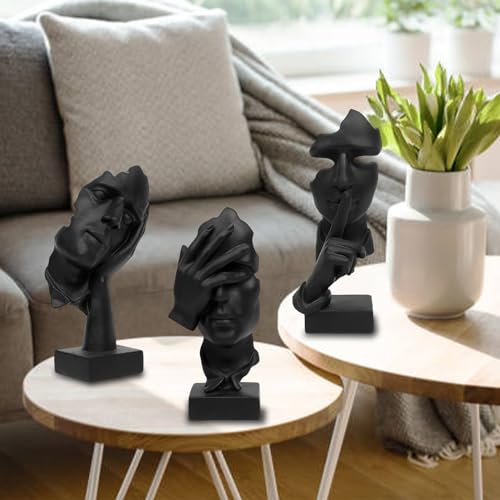 aboxoo 3 Pcs Thinker Statue, Silence is Gold Abstract Art Figurine, No Hear No See No Speak Modern Home Resin Sculptures Decorative Objects Modern Decor for Creative Room Home, Office Study (Black)