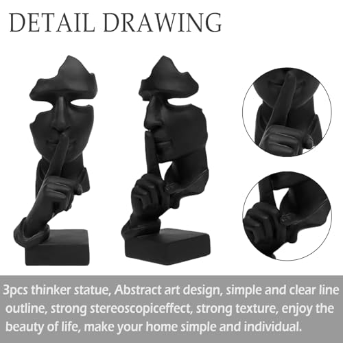 aboxoo 3 Pcs Thinker Statue, Silence is Gold Abstract Art Figurine, No Hear No See No Speak Modern Home Resin Sculptures Decorative Objects Modern Decor for Creative Room Home, Office Study (Black)