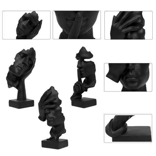 aboxoo 3 Pcs Thinker Statue, Silence is Gold Abstract Art Figurine, No Hear No See No Speak Modern Home Resin Sculptures Decorative Objects Modern Decor for Creative Room Home, Office Study (Black)