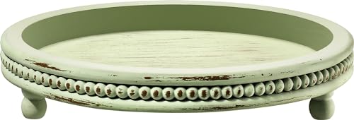 Handmade Wooden Decorative Tray, Small Beaded Coffee Table Tray Decor, Sage Round Serving Tray for Coffee Table, Dining Room Table Entryway and Living Room Table