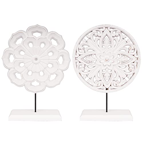 AXEARTE 2 Pack Wooden Carved Cutout Flower Medallion Sculpture, Rustic Distressed White MDF Statues Home Tabletop Decor, Decorative Ornaments for Living Room, Bedroom, Office Desktop, Cabinets