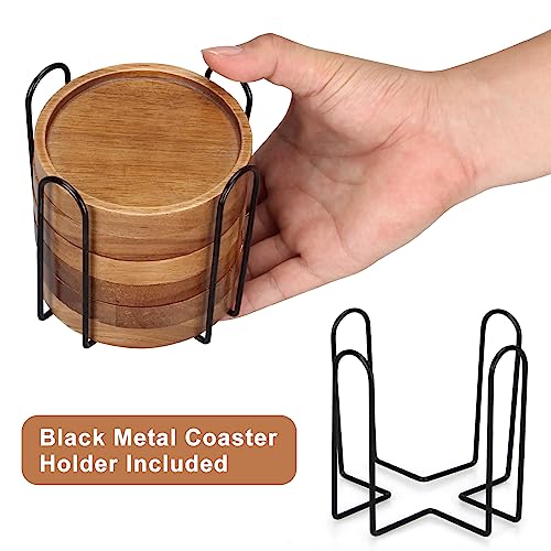 6 Pcs Best Wooden Coasters with Holder Coffee Table Coasters for Drink Acacia Wood Coaster Set Modern Cup Coasters Home Dining Table Decor Cute Beer Bar Coasters Decorative Rustic Outdoor Coasters