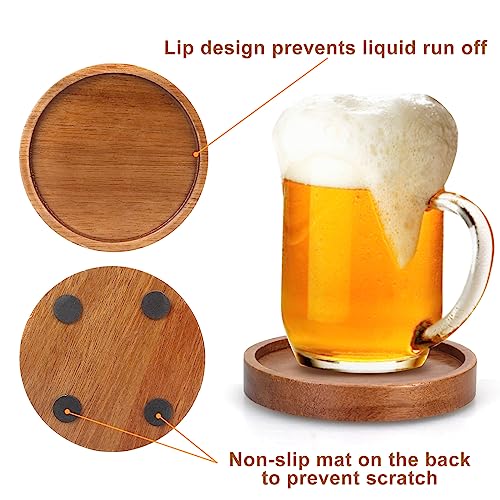 6 Pcs Best Wooden Coasters with Holder Coffee Table Coasters for Drink Acacia Wood Coaster Set Modern Cup Coasters Home Dining Table Decor Cute Beer Bar Coasters Decorative Rustic Outdoor Coasters