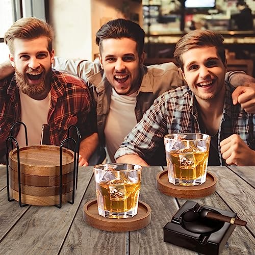6 Pcs Best Wooden Coasters with Holder Coffee Table Coasters for Drink Acacia Wood Coaster Set Modern Cup Coasters Home Dining Table Decor Cute Beer Bar Coasters Decorative Rustic Outdoor Coasters