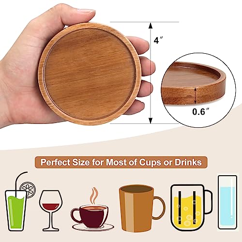 6 Pcs Best Wooden Coasters with Holder Coffee Table Coasters for Drink Acacia Wood Coaster Set Modern Cup Coasters Home Dining Table Decor Cute Beer Bar Coasters Decorative Rustic Outdoor Coasters