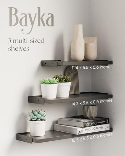 BAYKA Wall Shelves for Bedroom Decor, Floating Shelves for Wall Storage, Wall Mounted Rustic Wood Shelf for Books,Plants,Small Wall Shelf for Bathroom,Kitchen,Living Room(Black，Set of 3)