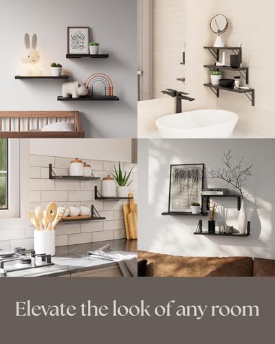 BAYKA Wall Shelves for Bedroom Decor, Floating Shelves for Wall Storage, Wall Mounted Rustic Wood Shelf for Books,Plants,Small Wall Shelf for Bathroom,Kitchen,Living Room(Black，Set of 3)