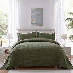 Olive Green Reversible Queen Quilt Set 3pcs