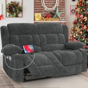 IROSTAE Loveseat Recliner Sofa, 2 Seater Minimalist Style Fabric Manual Pull Tab Reclining Loveseat with USB Charge Ports, Cup Holders, Recliner Love Seat Couches for Living Room, RV, Gray