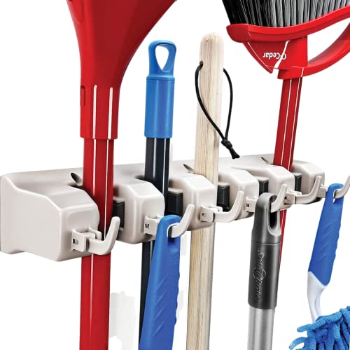 Mop and Broom Holder with Hooks - Off-White