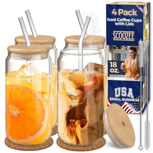Stylish Iced Coffee Cups with Bamboo Lids - Set of 4