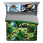 Jay Franco Minecraft Daytime 7 Piece Queen Bed Set - Includes Comforter & Sheet Set - Bedding Features Alex and Steve - Super Soft Fade Resistant Microfiber - (Official Minecraft Product)