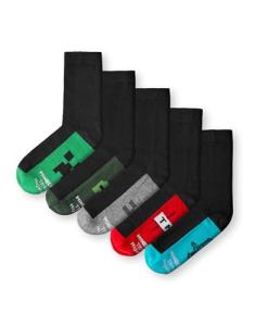 Minecraft Boys Socks Set of 5 | Childrens Back to School Calf Socks with Creeper, Diamond Sword and TNT Print in Black