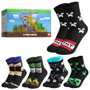 Minecraft Boys Calf Length Socks, Size 6–14 Yrs, 3 or 5 Pack Soft Cozy Sports School Creeper Socks, Gamer Gifts for Boys (Black/Multi - 5 Pack, 13.5/4.5 US, 7-10 Years)