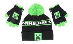Minecraft Creeper Logo Kids Beanie Hat Cap and Gloves Set New Black