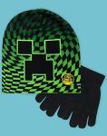 Minecraft Boy's Creeper Checkered 2 piece Kids Hat and Gloves Set
