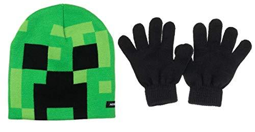 Minecraft Creeper Face Kids Beanie Hat Cap and Gloves Set New