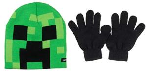Minecraft Creeper Face Kids Beanie Hat Cap and Gloves Set New