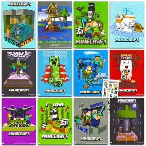 Minecraft Posters for Boys & Girls Rooms - 12 Wall Decor Posters & Stickers | Officially Licensed, Multicolor, Modern, Paper, Indoor, Rectangular, 8" x 11", Steve, Wall, Wood, Plastic