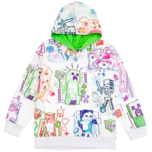 Minecraft Mobs Creeper Zombie Enderman Big Boys Fleece Pullover Hoodie White/Doodle Art 10-12