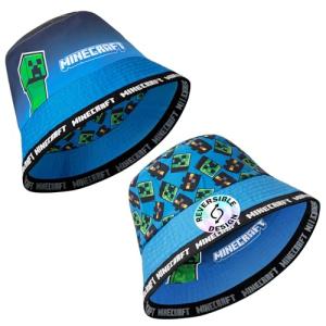 Minecraft Boys Bucket Hat, Sun Hat for Kids Beach Summer Holiday Essentials - Gifts for Gamers (Blue Reversible)
