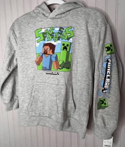 Minecraft Boys HOODIE SWEATSHIRT L Gray Graphic Pullover Cotton Pocket  NEW