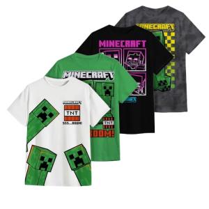 Minecraft Boy's Short Sleeve T-Shirt 4-Pack - Creeper, Skeleton, Zombie Graphic Tee Set for Kids (White/Green/Black/Gray, Size 8)