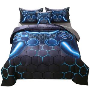JQinHome Twin Gamer Comforter Set for Boys,6 Piece Bed in A Bag 3D Video Game Bedding -All Season Soft Microfiber Down Alternative Comforter Gamer Bedding Sets for Kids