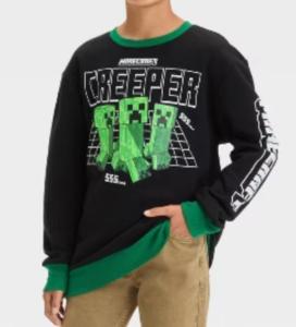 NEW Minecraft Boy's Black Creeper Fleece Pullover Sweatshirt Size XS