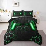 Game Bedding Sets for Boys,Gaming Comforter Set Twin,Kids Gamer Duvet Set Neon Lights Gamepad Bed Set for Teen Men Bedroom,geometric Honeycomb Hexagon Comforter with 1 Pillow Sham,Green Grey