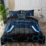 BDUCOK 5 Piece Gamer Comforter Sets Bed in A Bag for Boys Teen Kids,Honeycomb Gaming Bedding Sets Gamepad Comforter Microfiber Bed Set for All Season Gamer Home Decor(Blue,5 Piece Sets30022-Twin)