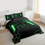 Game Bedding Sets for Boys,Gaming Comforter Set Twin,Kids Gamer Duvet Set Neon Lights Gamepad Bed Set for Teen Men Bedroom,geometric Honeycomb Hexagon Comforter with 1 Pillow Sham,Green Grey