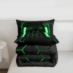 Game Bedding Sets for Boys,Gaming Comforter Set Twin,Kids Gamer Duvet Set Neon Lights Gamepad Bed Set for Teen Men Bedroom,geometric Honeycomb Hexagon Comforter with 1 Pillow Sham,Green Grey