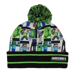 Minecraft Sublimated Character Graphic Kid's Novelty Knit Cuff Pom Pom Beanie Winter Hat Cold Weather OSFM Boy's Girl's Multicolored